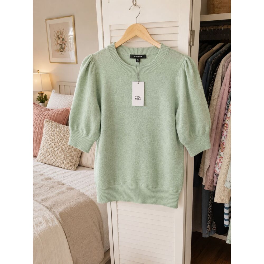 VERO MODA VMDOFFY Green Puff Sleeve Knit Pullover Sweater Size M NWT